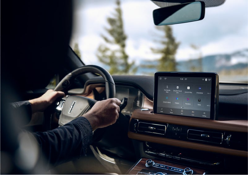 The center touch screen in a 2023 Lincoln Aviator® SUV is shown | Seekins Lincoln in Fairbanks AK