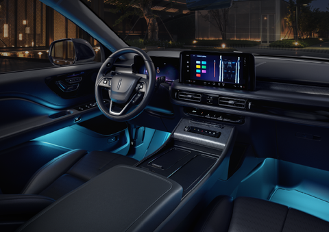 Deep blue ambient lighting glows from various places within a 2025 Lincoln Aviator® SUV. | Seekins Lincoln in Fairbanks AK