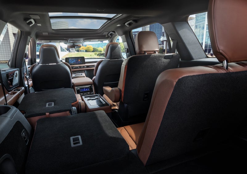 The interior of the 2025 Lincoln Aviator® SUV is shown with two seats folded down for added space. | Seekins Lincoln in Fairbanks AK