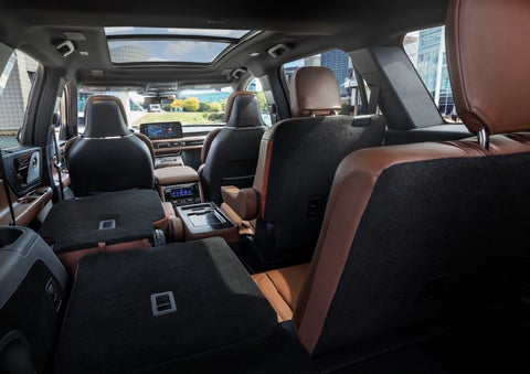 The interior of the 2025 Lincoln Aviator® SUV is shown with two seats folded down for added space. | Seekins Lincoln in Fairbanks AK