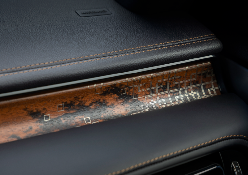 A close-up shot of the 2025 Lincoln Aviator® dashboard with unique black and brown accents, and brown stitching. | Seekins Lincoln in Fairbanks AK